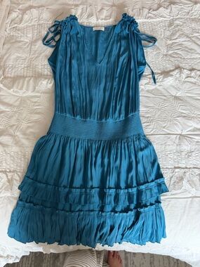 Ramy Brook Teal V-Neck Silk-Look Dress